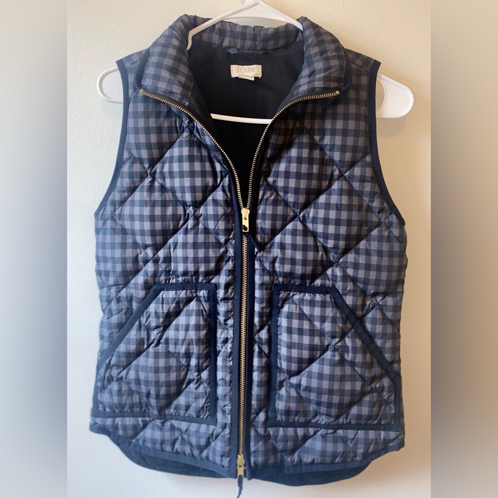 WOMEN’S J.CREW FULL ZIP CHECKERED PLAID DOWN PUFFER BLACK JACKET/VEST SIZE XXS